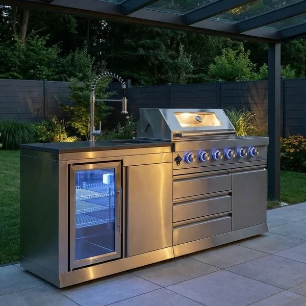 Goriller RVS buitenkeuken met verlichte gasbarbecue in de avond